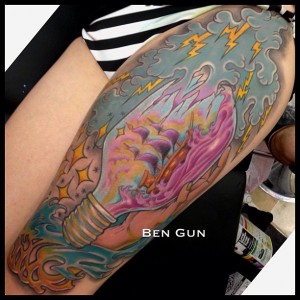 thigh tattoo by Ben Gun