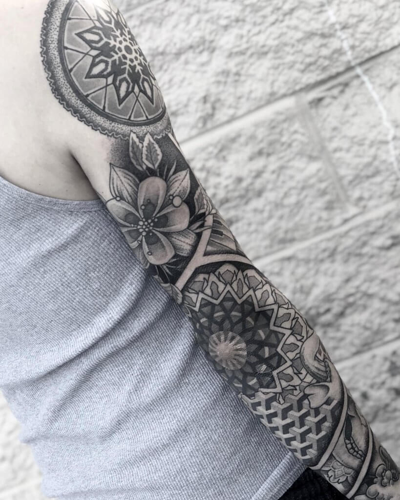 Tyler McCall Mantra Tattoo Sacred Geometry Sleeve