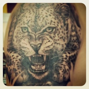 Black & Gray Cheetah shoulder tattoo by Brian Blalock