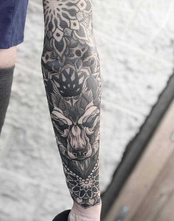 Tyler McCall Sacred Geometry Wolf Mantra Tattoo