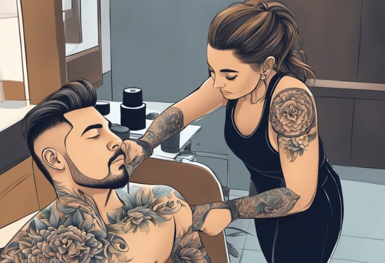 A tattoo artist at work with a freehand design, using a needle and ink on a client's skin