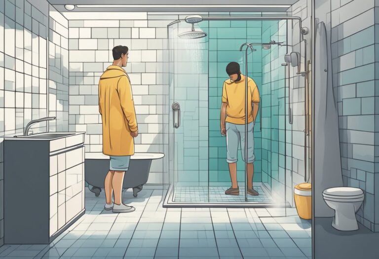 A man in yellow on a bathroom