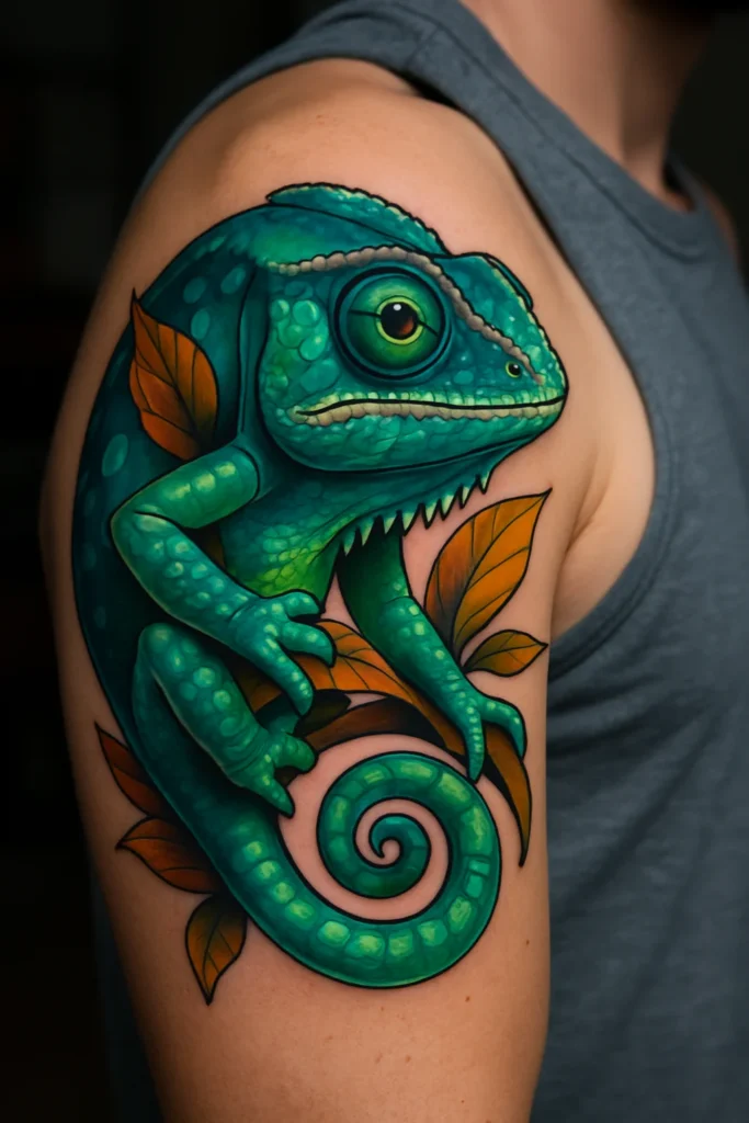 photo - neotraditional tattoo of a highly realistic chameleon in blue and green tones, curled around leaves on a person’s upper arm.