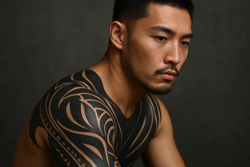 photo - a man with a beautiful blackwork tattoo style art on his shoulder looking to the side