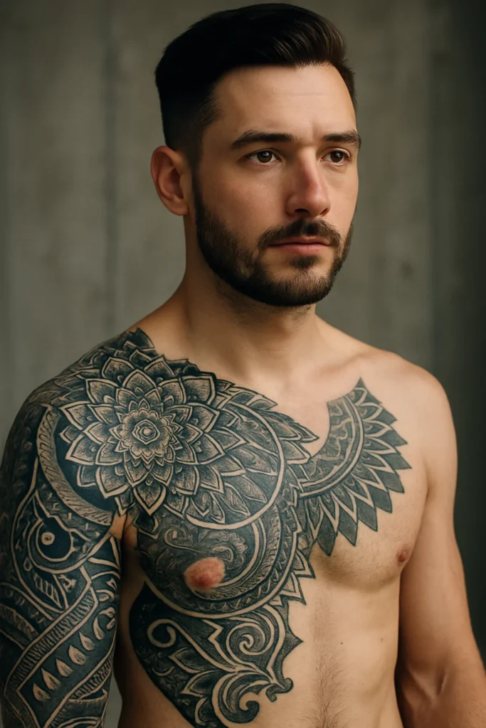 photo - a man with a chest blackwork tattoo in denver