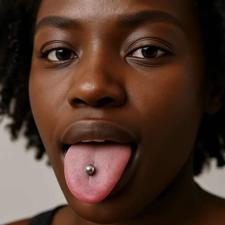 photo - a woman showing her fully healed tongue piercing