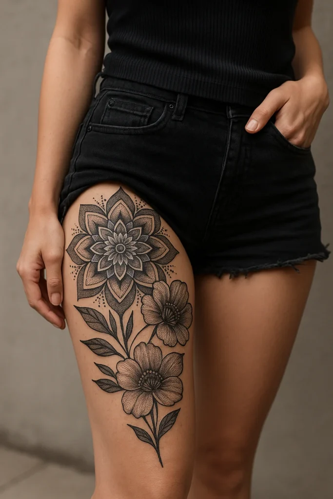 photo - a woman with abotanical blackwork tattoo on her thigh posing for a photo
