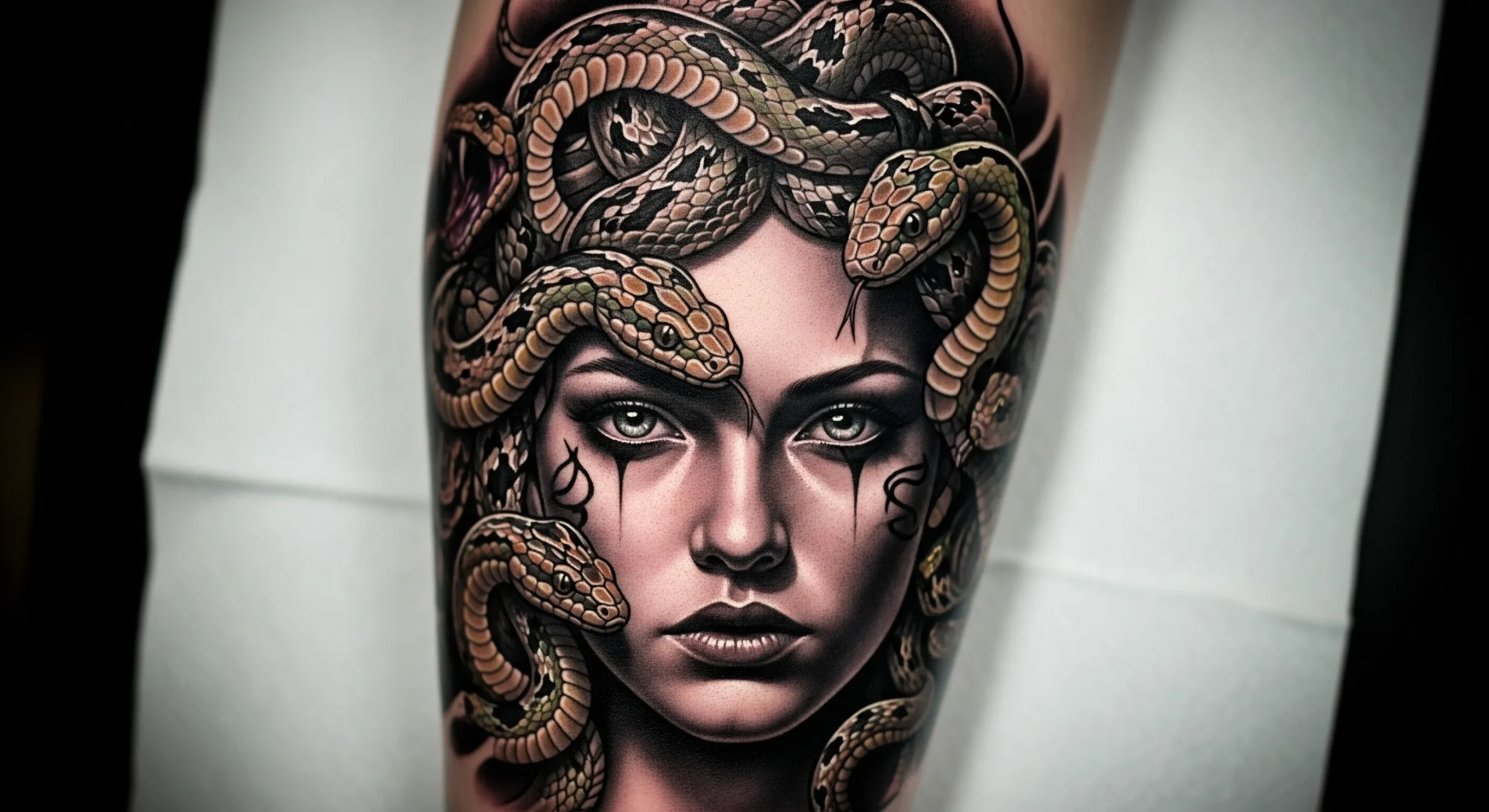 A photo of a detailed Medusa tattoo on a calf, featuring realistic snakes and intense eyes, representing resilience and fierce feminine power.
