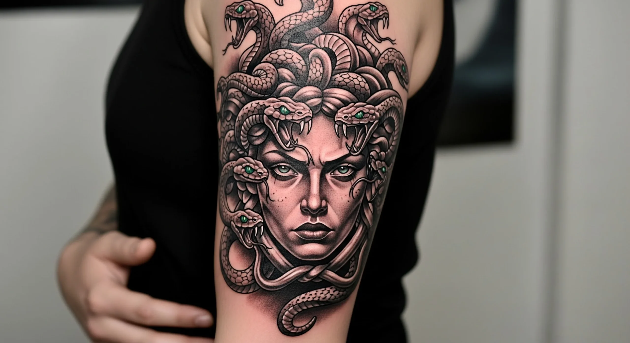 A photo of a detailed Medusa tattoo on an upper arm, with multiple snakes and an intense face, representing bold feminine energy and self-protection.