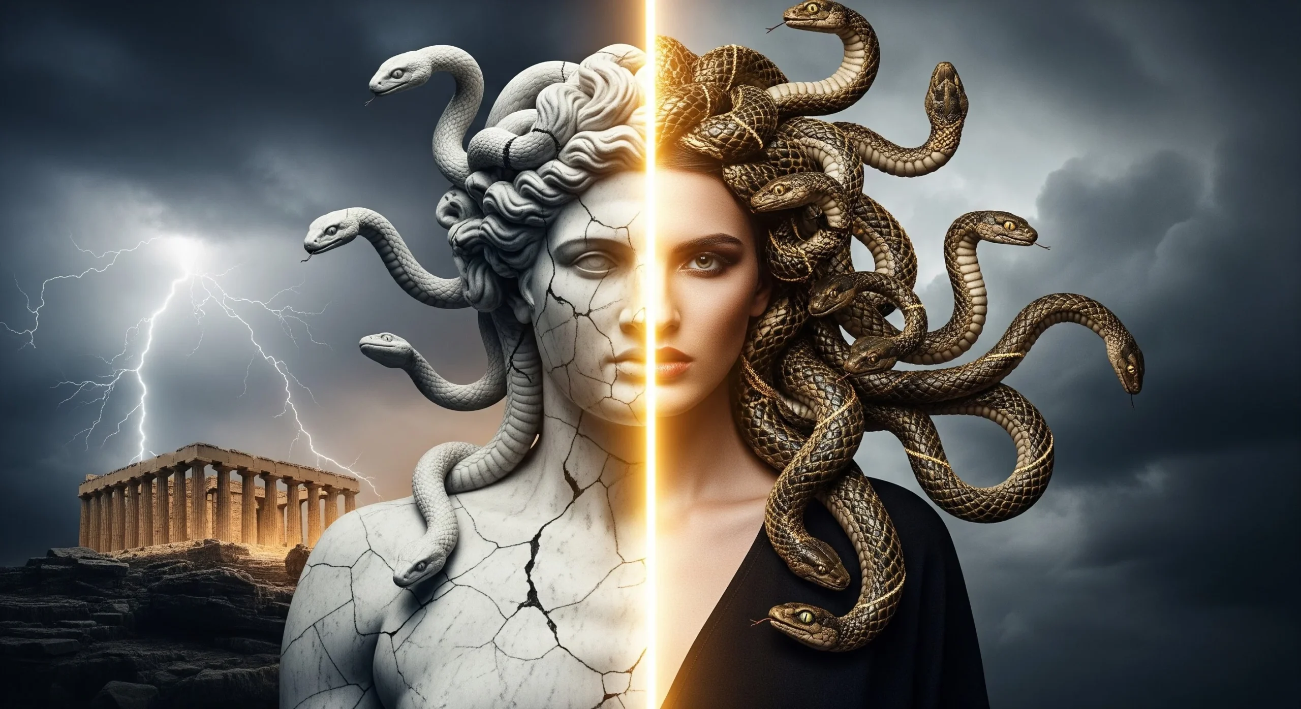 A photo of Medusa shown as half ancient Greek statue and half modern woman with snakes for hair, set against lightning and a temple backdrop, representing myth and modern strength.
