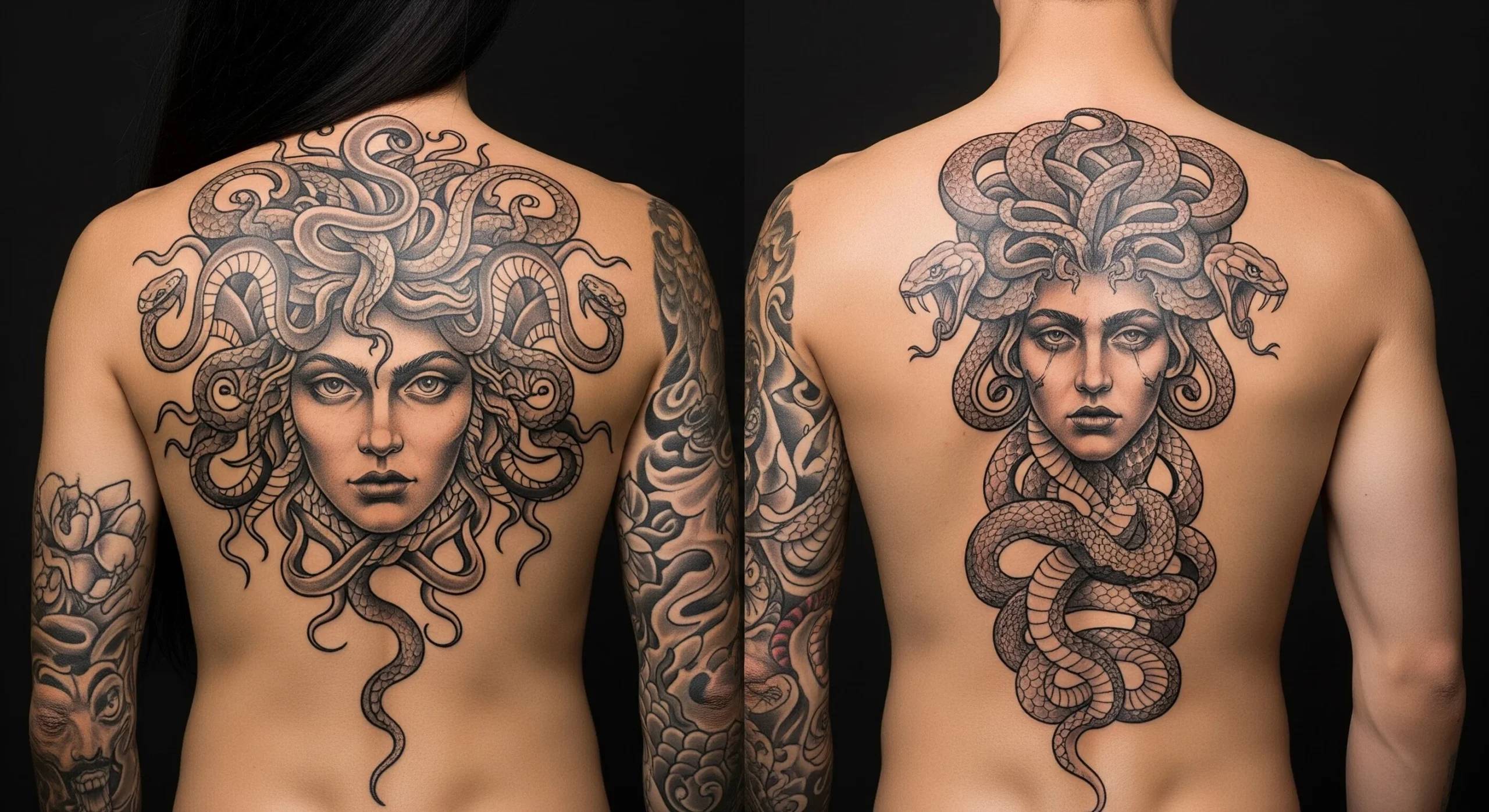 A photo of two people with large Medusa back tattoos featuring detailed snakes and a powerful expression, showcasing strength and protection.