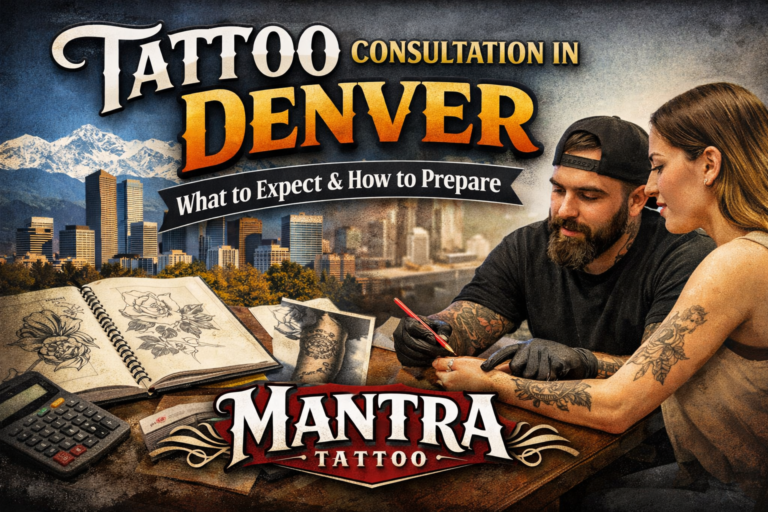 Mantra Tattoo Denver consultation feature image showing a client meeting with a tattoo artist to discuss tattoo design ideas