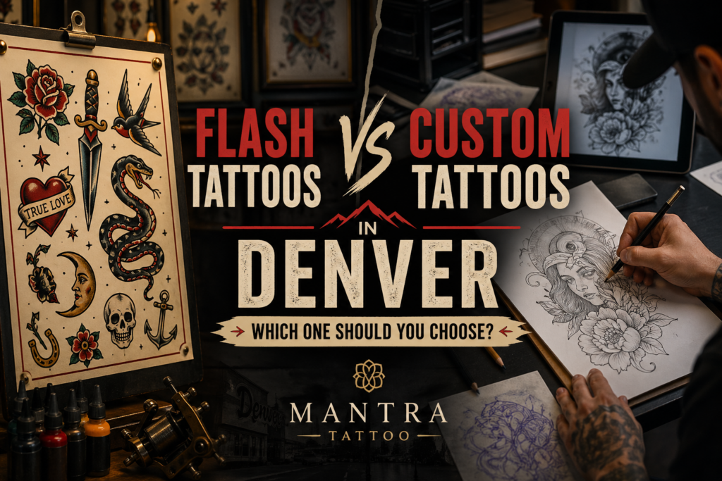 Flash tattoos vs custom tattoos in Denver comparison image featuring Mantra Tattoo, flash tattoo designs, and a custom tattoo sketch.
