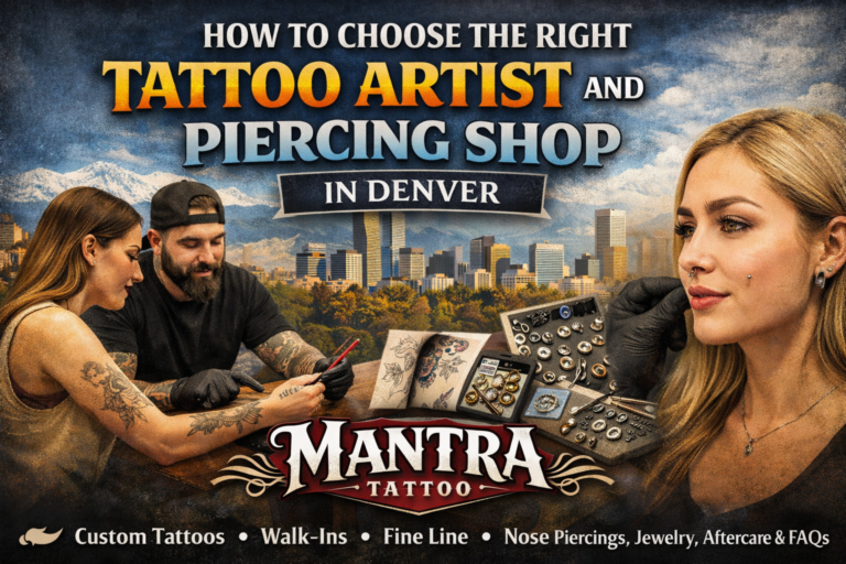 Mantra Tattoo Denver consultation feature image showing a client meeting with a tattoo artist to discuss tattoo design ideas