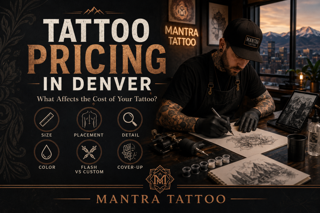 Tattoo pricing in Denver feature image for Mantra Tattoo showing a tattoo artist at work and key cost factors including size, placement, detail, color, flash vs custom, and cover-up tattoos.