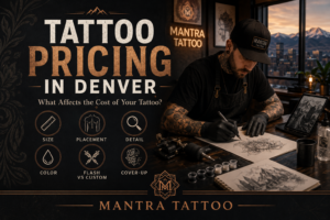 Tattoo pricing in Denver feature image for Mantra Tattoo showing a tattoo artist at work and key cost factors including size, placement, detail, color, flash vs custom, and cover-up tattoos.