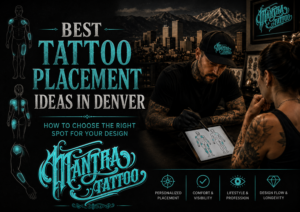 Tattoo artist in Denver helping a client choose the best tattoo placement for a custom design