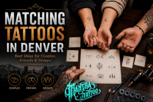 Matching tattoos in Denver feature image for Mantra Tattoo showing couples, friends, and group tattoo ideas with small wrist tattoos, flash design sketches, and the Mantra Tattoo logo.