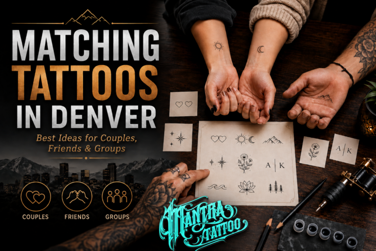 Matching tattoos in Denver feature image for Mantra Tattoo showing couples, friends, and group tattoo ideas with small wrist tattoos, flash design sketches, and the Mantra Tattoo logo.