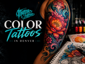 Color tattoos in Denver feature image for Mantra Tattoo showing a vibrant floral sleeve tattoo, tattoo sketchbook, ink colors, and Mantra Tattoo branding.