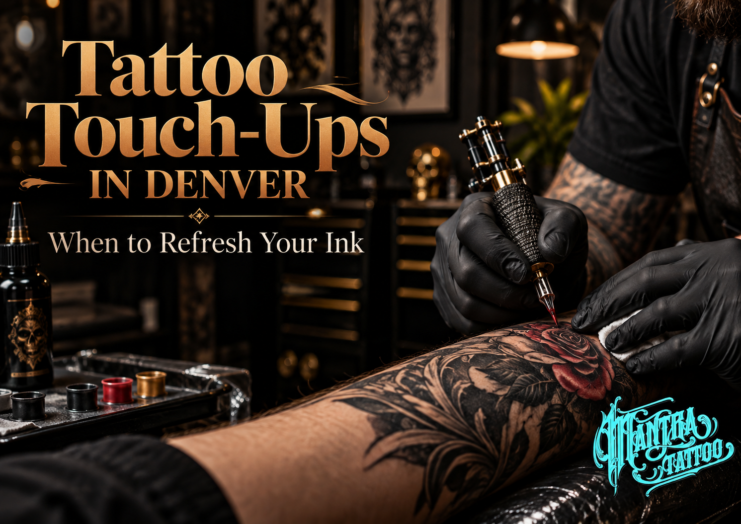 Tattoo touch-ups in Denver feature image for Mantra Tattoo showing a professional artist refreshing faded ink with a tattoo machine in a premium studio setting.